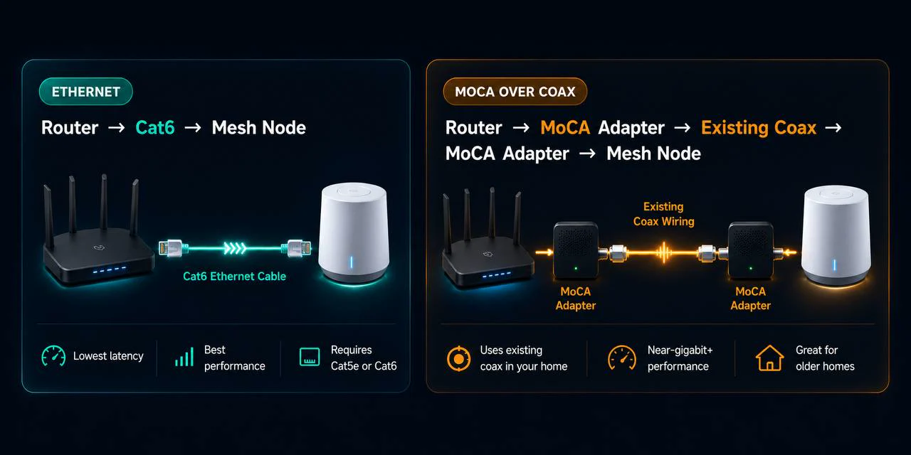Diagram comparing Ethernet backhaul with MoCA over existing coax for a mesh node