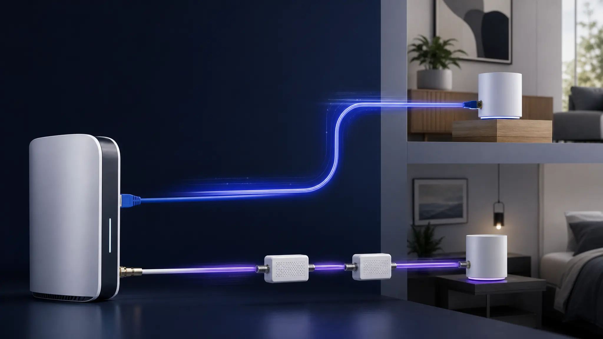 Hero image showing a router feeding mesh nodes through Ethernet and MoCA over coax