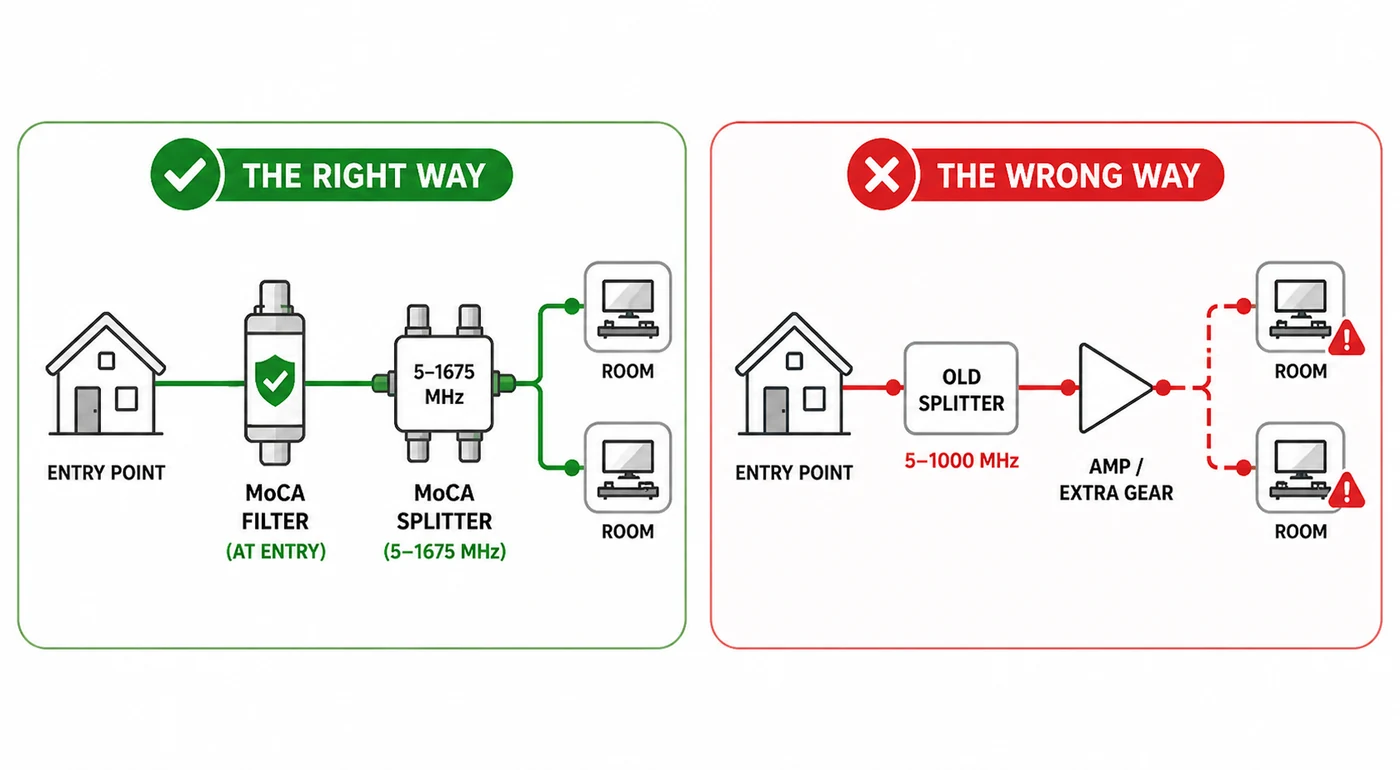 Illustration showing a MoCA point-of-entry filter and splitter path in a home coax setup