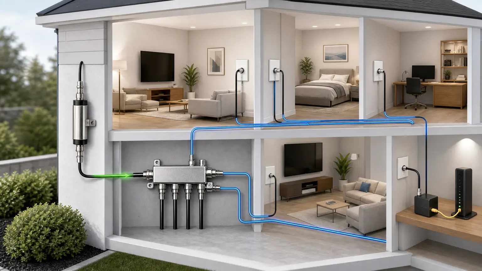 Illustration highlighting a MoCA-rated splitter and point-of-entry filter in a home coax network