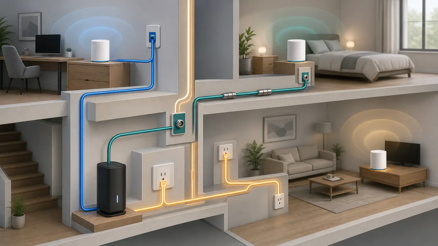 Comparison illustration showing Ethernet, MoCA over coax, and powerline as three distinct home backhaul paths